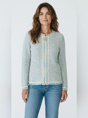 Vintage Montini Women's Blue and Cream Sweater